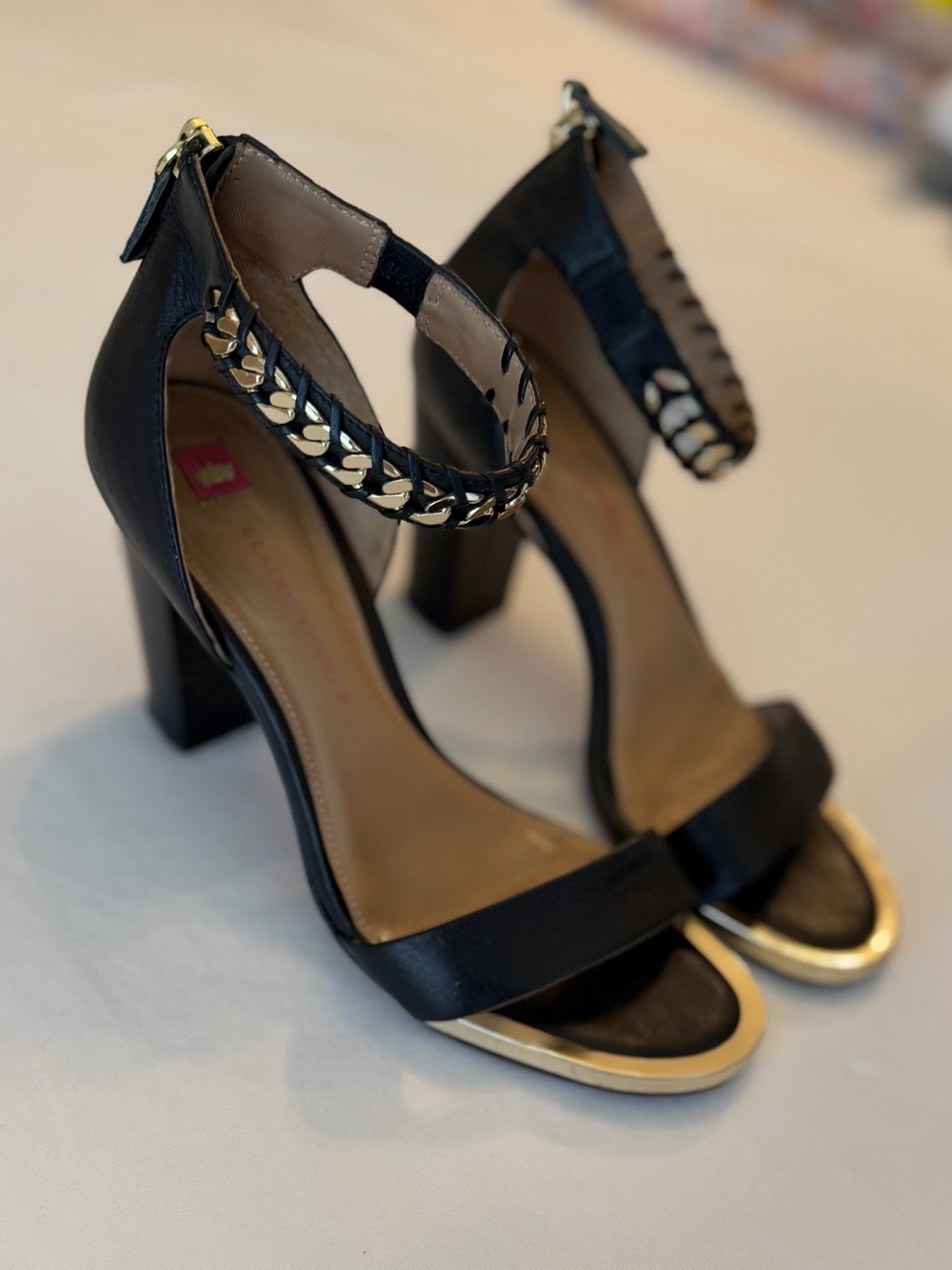 Elaine Turner Black & Gold Block Heel with Gold Ankle & Toe Accents Size 8.5